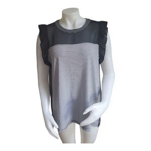 Worthington Womens Black White Striped Sleevless Blouse Sz XL Sheer Cap Sleeves
